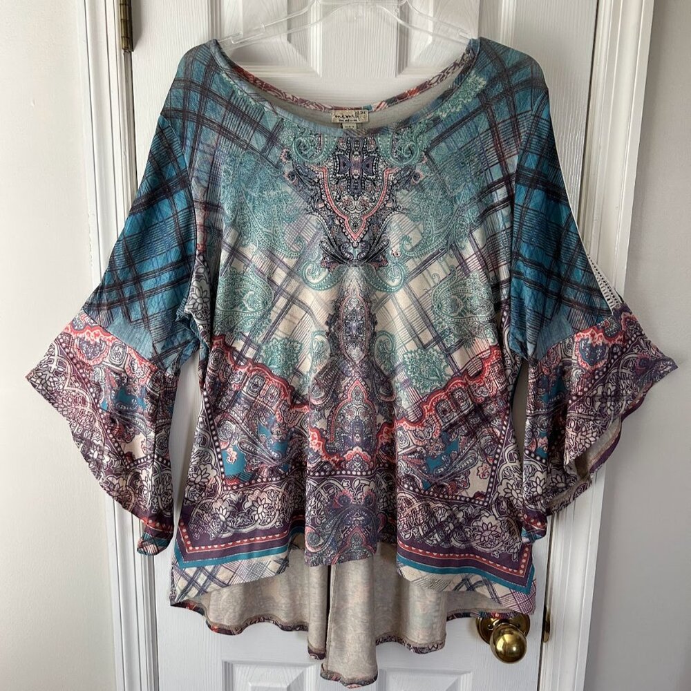 ONE WORLD Tunic Top 3X Boho Bell Sleeves Sublimation Crocheted Detail Teal Brown